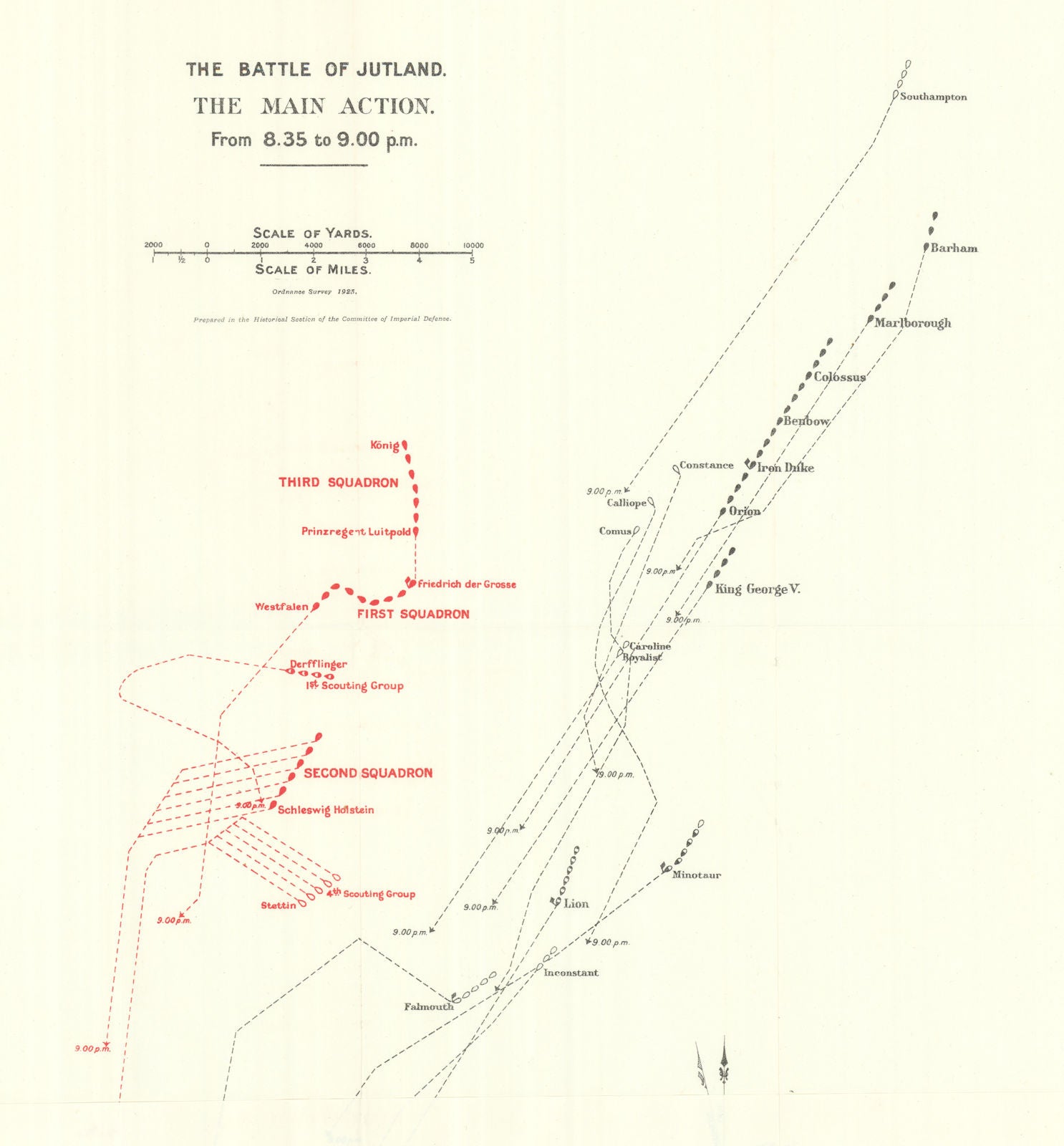 Battle of Jutland. Main Action. 8.35-9.00 pm 31 May 1916. WW1. 1923 old map